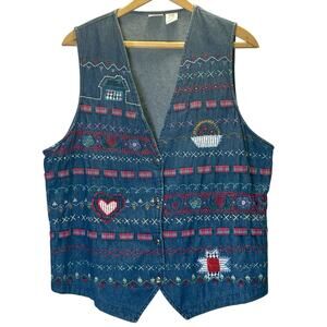 Vintage Womens Denim Vest Embroidered Size 1X Napa Valley Patchwork Floral Boho